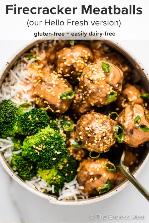 Healthy Meatball Sauce, Healthy Meatball Dinner, Firecracker Ground Turkey, Hello Fresh Firecracker Meatballs, Fire Cracker Meatballs Hello Fresh, Hello Fresh Firecracker Meatballs Recipe, Firecracker Meatballs Beef, Keto Firecracker Meatballs, Spicy Firecracker Beef