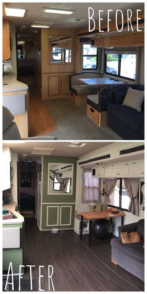 Before and After: Our RV remodel - new floor, fresh paint, and a lot of gothy decor Camper Remodel Ideas, Tiny Campers, Rv Diy, Camper Flooring, Motorhome Remodel, Rv Interior Remodel, Travel Camper, Camper Trailer Remodel, Vintage Camper Remodel