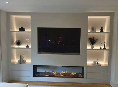 Tv Unit With Chimney Modern, Media Centre With Fireplace, Fireplace Tv Wall With Drawers, Media Wall Fireplace Modern, Media Wall Cupboard Doors, Flush Media Wall, Lounge Ideas With Media Wall, Recessed Media Wall, Media Wall With Led Lights