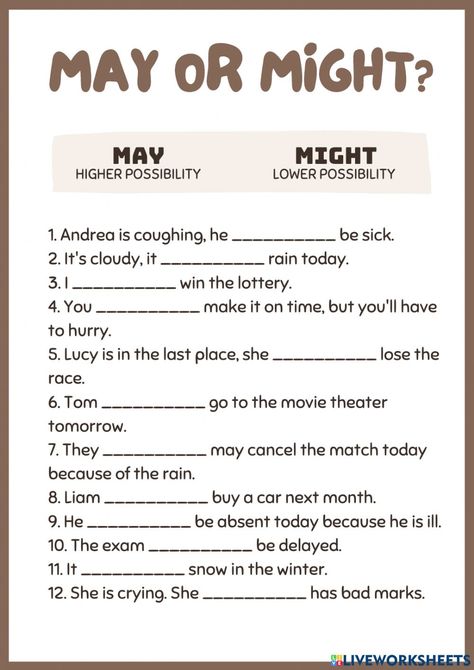 Possibilty online worksheet for 4. You can do the exercises online or download the worksheet as pdf. May And Might Grammar, May Might Grammar, Modals Grammar Worksheet, May Might Worksheet, Might Worksheet, Modal Verbs Exercises, May Worksheets, English Excercise, May Activities