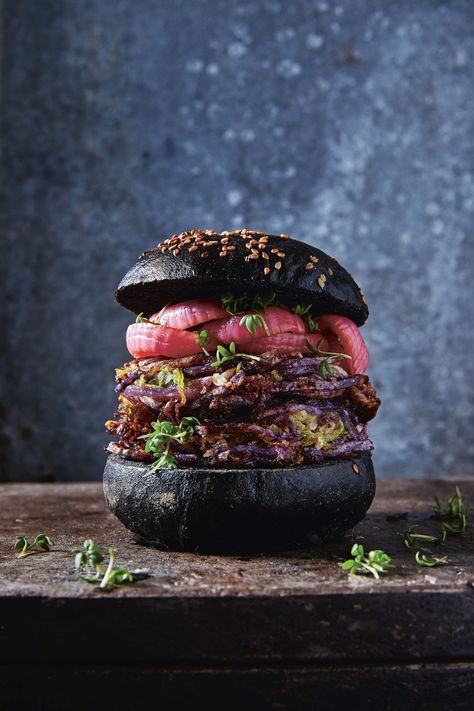 These Outrageous Veggie Burgers Make Us Forget that Meat Exists | Bon Appétit Burger Photography, Black Burger, Burger Ideas, Gourmet Burger, Burgers Recipes, Burger Sandwich, Sandwich Burger, Food Burger, Purple Potatoes