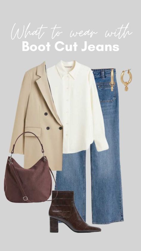 Bootcut Jeans Blazer Outfit, Bone Color Boots Outfit, Boot Cut Jeans Outfit Casual, Beige Blazer Outfit, Loose Jeans Outfit, Jeans For Work, Usa Clothes, Designed Clothes, Bootcut Jeans Outfit