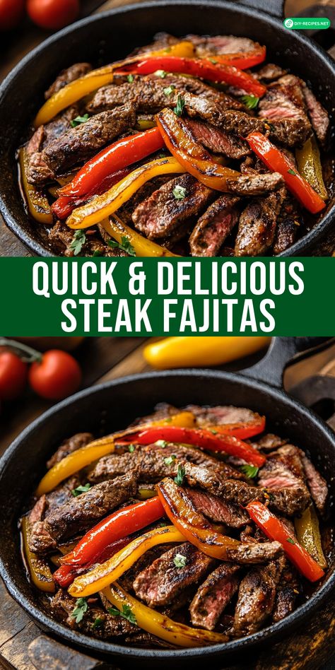 Make quick and delicious Steak Fajitas for dinner tonight! Marinated steak, sautéed peppers, and all the best toppings – ready in no time. One Pot Fajitas, Baked Fajitas Steak, Easy Sheet Pan Steak Fajitas, My Heavenly Recipes Steak Fajitas, Recipes For Fajitas, Best Steak For Fajitas, Grilled Steak Fajita Recipe, Fajitas Steak Recipes, Meat Fajitas Recipe