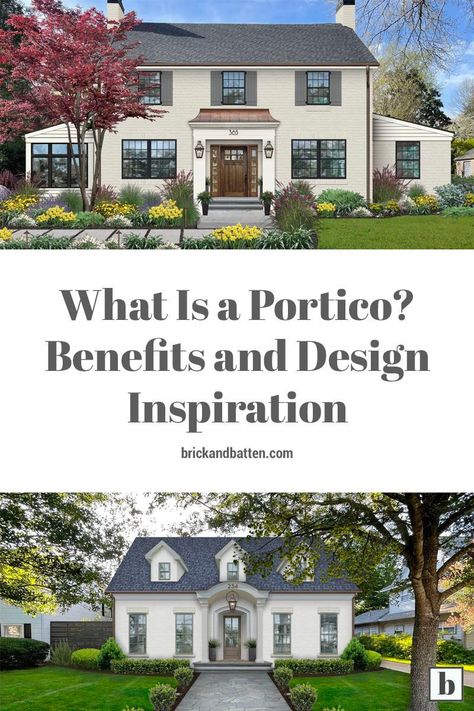 Your home’s entryway is one of the most important aspects of its exterior design — and porticos are an aesthetically appealing and functional way to accentuate it. Check out this post to learn what a portico is, the benefits of porticos, how a portico differs from a porch, and design inspiration for using one of these design elements on your façade. Portico Without Columns, Portico Colonial House, Portico Addition Before And After, Porch Portico Ideas, Portico Before And After, Portico Ideas Entrance, Front Portico Ideas Entryway, Add Portico To Front Door, Front Entrance Ideas Exterior Entryway