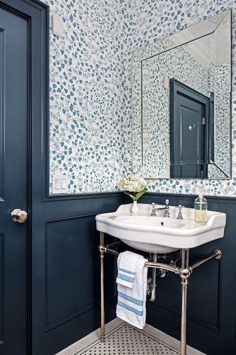 Tenafly Family Home - Transitional - Powder Room - New York - by Studio HB | Houzz Wainscoting Powder Room, Transitional Powder Room Ideas, Bathroom Beadboard, Lighthouse Wallpaper, Blue Powder Room, Transitional Powder Room, Beautiful Powder Rooms, Powder Room Renovation, Wallpaper Powder Room