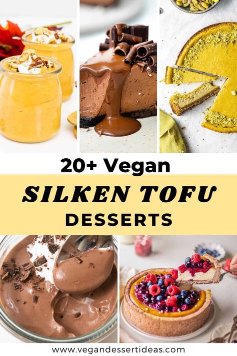 These silken tofu dessert recipe ideas are perfect for summer! Silken tofu makes vegan desserts creamy and protein rich. Of course these recipes are all dairy-free and eggless too, with many of them being suitable for gluten-free diets too. You'll find tasty and easy recipes for tofu chocolate mousse, vegan cheesecakes, vegan puddings and more! Easy Vegan Dessert Healthy, Silken Tofu Chia Pudding, Vegan Mousse Recipes, Silken Tofu Deserts, Soft Tofu Dessert, Soft Tofu Dessert Recipes, Vegan Silken Tofu Recipes Desserts, Tofu Dessert Recipes Healthy, Hidden Tofu Recipes