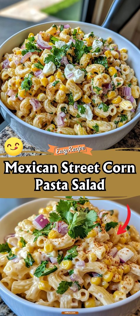 Bring the bold flavors of Mexican street food to your table with this vibrant Mexican Street Corn Pasta Salad. It’s a zesty, creamy dish that’s perfect for picnics, potlucks, or any casual meal. #StreetCornSalad #MexicanFlavors #PastaSalad Mexican Corn Pasta Salad Recipes, Mexican Street Corn Slaw, Street Corn Salad Mexican, Corn Pasta Salad Recipes, Mexican Corn Pasta Salad, Mexican Food Potluck, Potluck Pasta Dishes, Taco Pasta Salad Recipes, Mexican Potluck Dishes