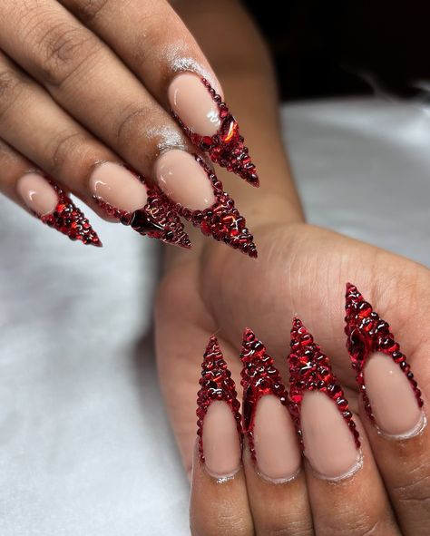 Red Diamond Frenchies ❤️💎 • • • Apres Natural Stiletto Long • • • #nails #nailsnailsnails #nailsofinstagram #nailsbyavryl #gelx #gelxnails #gelxnailtech #explorepage #frenchtipnails #diamondnails #stilettonails Red Bottom Nails Short, Red Nails With Diamonds, Bottom Nails, Red Bottom Nails, Red Bottom, Diamond Nails, Red Diamond, Nails Short, Red Bottoms