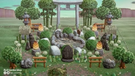 Acnh Zen Garden Idea, Zen Garden Animal Crossing, Animal Crossing Rock Garden, Animal Crossing Zen Garden, Acnh Zen Garden, Japanese Exterior, Japanese Neighborhood, Cottagecore Animal Crossing, Zen Rock Garden