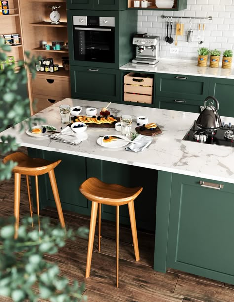 Scandinavian Green Kitchen on Behance Scandinavian Interior Kitchen, Dark Green Kitchen, Scandinavian Green, Scandinavian Kitchen Design, Kitchen Mood Board, Open Plan Kitchen Living Room, Green Kitchen Cabinets, Kitchen Remodel Ideas, Green Cabinets