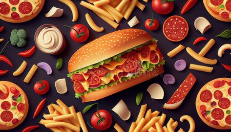 Pattern with american fast food. Fun and bright colorful background. Wallpaper. AI generated royalty free stock photo Fast Food Wallpaper, Fast Food Background, Fastfood Restaurant, Food Ordering App, American Fast Food, Food Backgrounds, Food Wallpaper, Colorful Background, Order Food