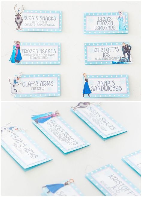 Frozen themed food labels Frozen Party Food Labels, Elsa Birthday Party Food, Elsa Party Food, Frozen Second Birthday Party, Frozen Bday Party Ideas, Frozen Themed Birthday Party Food, Frozen Party Food Ideas, Disney Frozen Party Food, Diy Frozen Birthday Party