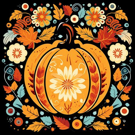 Fall Design Ideas, Mexican Fall Aesthetic, Autumn Folk Art, Fall Folk Art, Thanksgiving Designs, Vintage Pumpkin Illustration, Cute Fall Illustration Art, Autumn Illustrations, Cute Fall Art