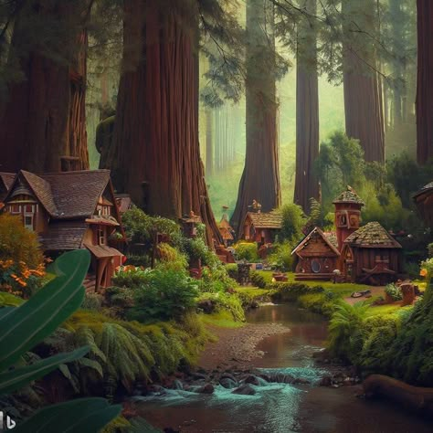 Dnd Forest Village, Forest Community, Village In The Woods, Druid Village, Village Forest, Cottagecore Village, Village In The Woods Aesthetic, Fantasy Village In The Woods, Fairy House Forest