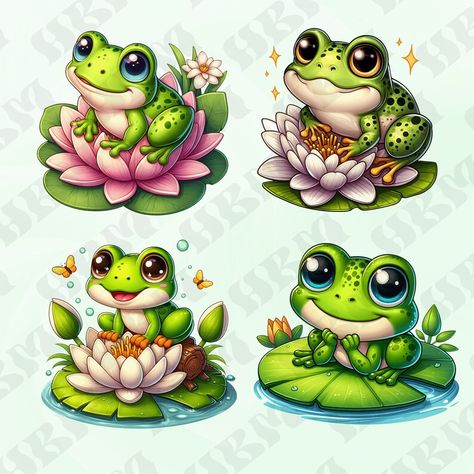 Frog On Lilypad, Cartoon Frog, Amphibians, Lily Pads, Colorful Art, Cute Cartoon, Digital Drawing, Drawing Illustrations, Cute Animals