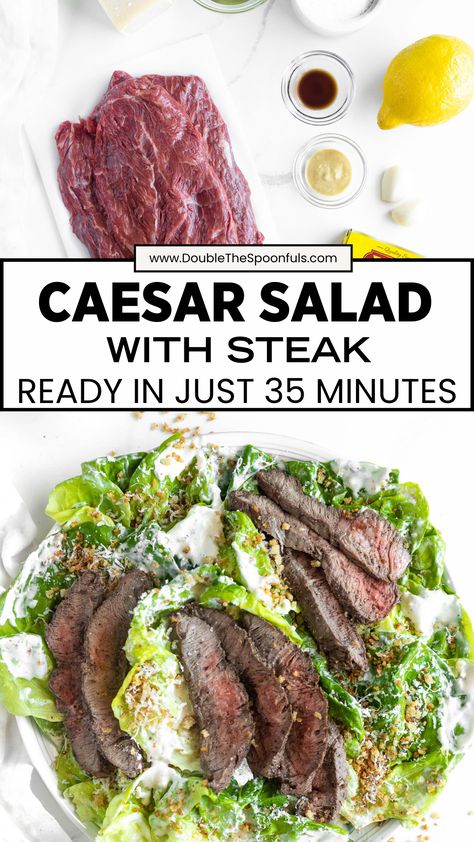 This Caesar salad with steak has the best homemade dressing, crunchy panko crumbs, lots of parmesan, and is topped with thinly sliced steak! Steak Caesar Salad Recipe, Steak Caesar Salad, Steak Ceasar Salad, Easy Steak Salad, Salad With Steak, Best Caesar Salad, Alfredo Sauce Easy, Caesar Salads, Steak Salad Recipe