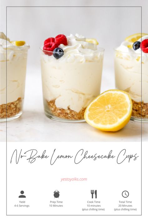 No-Bake Lemon Cheesecake Cups Lemon Cheesecake Cups, Easy Lemon Cheesecake, Cheesecake Shooters, Protein Cheesecake, No Bake Lemon Cheesecake, Cheesecake Cups, Homemade Vanilla Extract, Vanilla Cheesecake, Wafer Cookies