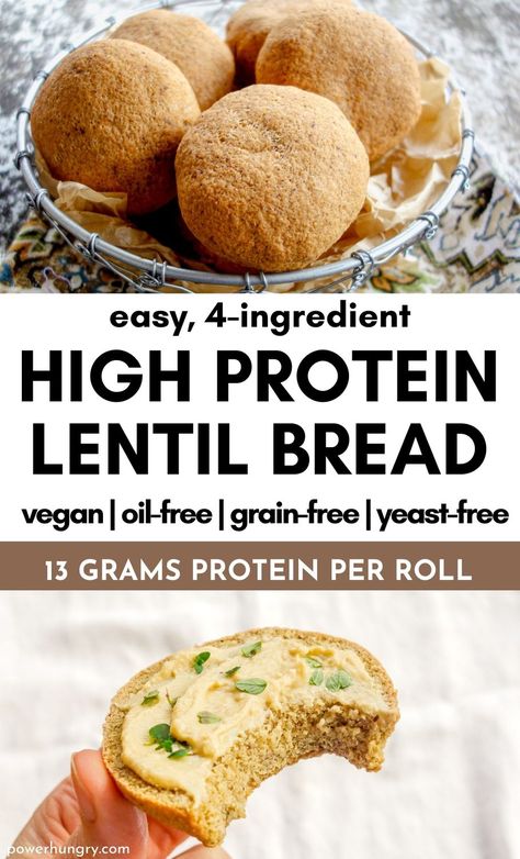 Easy 4-Ingredient high protein lentil bread! 13 grams protein per serving. #highprotein #oilfree #glutenfree #grainfree #yeastfree #WFPB #WFPBbread #WFPBNO #lentils #4ingredients #glutenfreebread #easyrecipe #flourless #flourlessbread #bestlentilbread #lentils #lentilrecipes #easylentilbread #highproteinbread Insulin Resistance Bread, Lentil Protein Bread, Vegan Protein Bread, Lentil Flatbread Recipe, Lentil Bread Rolls, High Protein Gluten Free Bread, Lentil Rolls, Gf Rolls, Lentil Bread Recipe