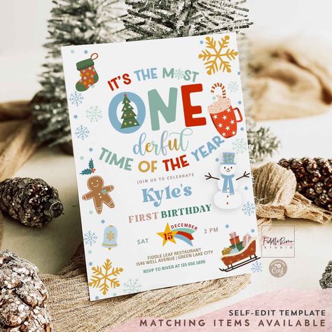 "📌 Age: ONE - First Birthday 📌 Size: 5\"x7\" Front and Back 📌 Self-Edit Template ⚠️ \"Flip, Tumble, Jump Magical Day\" IS NOT EDITABLE⚠️ 📌 After ordering you will receive access link in email. Please ensure your Etsy email is correct. 📌 Template expired in 90 days after purchased 📌 File Types: JPG, PDF 📌 PERSONAL USE ONLY 🔹【 FREE DEMO 】 Try before your buy! https://www.corjl.com/d/44MMLI 🔹【 MATCHING ITEMS 】 https://www.etsy.com/shop/FiddleRiverStudio/search?search_query=57K1 🔹【 DETAILS 】 Instant access to edit your template after purchase! This item is a self edit template. No software needed. Personalize this item right in your browser. You may use the Digital file to print as many as needed, including send digitally. 🔹【 HOW IT WORKS 】 * * * * * * * * * * * * * * * * * * * * * 1st Birthday Holiday Theme, First Birthday Party Christmas, December 1 Year Birthday, December 1st Birthday Theme, Onederful Time Of The Year Birthday, Its The Most Onederful Time Of The Year, First Birthday In December Ideas, First Birthday Boy Winter Themes, First Birthday Christmas Theme Boy