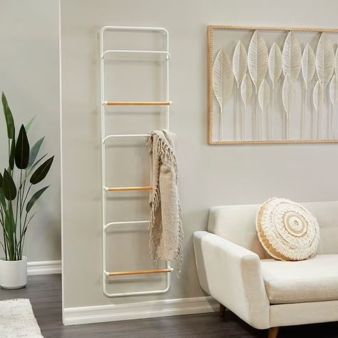 Grayson Lane White 6 Rack Fir Wall-mount Blanket Ladder in the Blanket Ladders & Storage department at Lowes.com Wall Ladder, Metal Ladder, Organize Your Bathroom, Ladder Storage, Towel Stand, Blanket Ladder, Functional Storage, Towel Holder, Wall Spaces