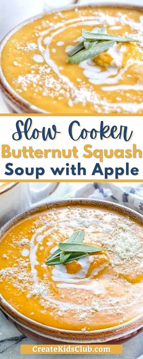 Butternut Squash soup with apple is a delicious slow cooker recipe that combines squash, apples, carrots, and coconut milk into a creamy soup the whole family will love. Slow Cooker Butternut Squash And Apple Soup, Butternut And Apple Squash Soup, Butternut Squash Soup Slowcooker, Butternut Squash Recipes Soup Crock Pots, Slow Cooker Butternut Squash Soup Coconut Milk, Apple Squash Soup Recipe, Slow Cooker Squash Soup Recipes, Butternut Squash Soup Crockpot Coconut Milk, Butternut Squash Soup With Coconut Milk And Apple