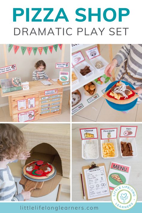 Pizza Shop Dramatic Play - Little Lifelong Learners Dramatic Play Set Up, Dramatic Play For Preschoolers, Pizza Center Dramatic Play, Pizza Dramatic Play Printables Free, Pizza Activities For Preschool, Pizza Parlor Dramatic Play Free Printable, Pizza Parlour Role Play, Pizza Shop Dramatic Play, Pretend Pizza Shop