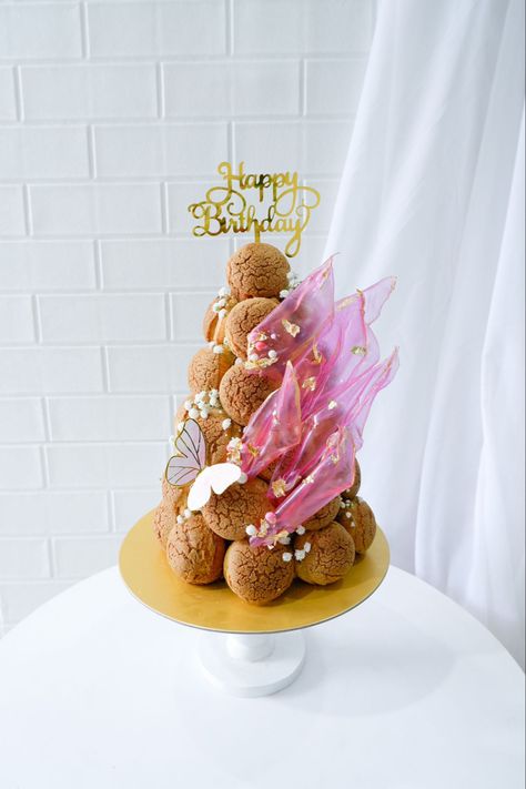 choux tower by @melrosecake Choux Birthday Cake, Choux Tower Birthday, Croquembouche Birthday, Choux Tower, Choux Cake, Profiterole Tower, Cream Puff Cakes, Donut Birthday Cake, Donut Tower