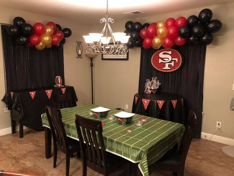 DIY 49ers party decor. I love the way this all turned out! Everything was diy and all 49ers logos and banners were printed out so saved slot of money there. I love saving a few bucks by being able to do it myself❤️ Niners Superbowl Party, Mens 49th Birthday Party Ideas, Diy 49ers Party Decorations, San Francisco 49ers Party Ideas, Superbowl Party Food Ideas 49ers, Super Bowl Party Decorations 49ers, San Francisco 49ers Party Decorations, 49ners Birthday Ideas, 49ers Birthday Party Decorations Football Themes