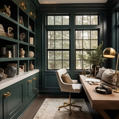 Best Moody Paint Colors of 2024 Dark Green Paint Office, Mudroom Color Ideas Paint, Home Library Paint Colors, Dark Olive Paint Color, Painted Sunroom, Moody Green Office, Green Library Room, Office Paint Colors Home, Moody Green Paint Colors