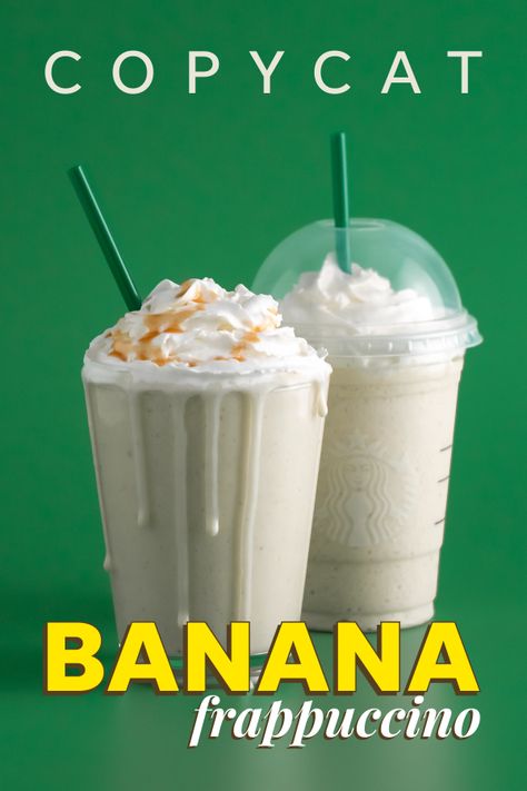 Banana Frappe Starbucks, White Chocolate Cream Frappuccino, Banana Frappuccino Recipe, Creme Frappuccino Recipe, Starbucks Mocha Frappuccino Recipe, Starbucks Banana, Vegan Copycat, Starbucks Frappuccino Recipe, Homemade Starbucks