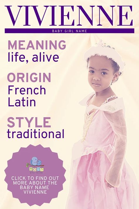 Vivienne is a French version of the English baby name Vivian and Latin name Viviana. It was popular in the early 1900s and was not popular again until the 2010s with celebrities using the name. The most popular Viviennes today include Vivienne Westwood and Vivienne Jolie-Pitt. #girlname #babyname Yvaine Name Meaning, Virginia Name Meaning, Vivian Name, Frances Name Meaning, Middle Names For Vivienne, Brad Pitt Daughter, Baby Name Meaning, Legally Blonde Musical, English Baby Names