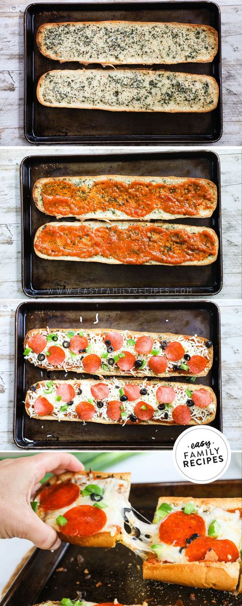 Garlic French Bread Pizza is filled with all the delicious flavors of pizza piled high on flavor-loaded garlic bread and ready in no time! Pizza On Garlic Bread, Garlic Bread Pizza Loaf, Garlic French Bread Pizza, Garlic Bread Pizza Recipe, Easy Garlic Bread Pizza, Dinner Ideas With Garlic Bread, Fast Friday Night Dinner, Homemade French Bread Pizza, Pizza Garlic Bread