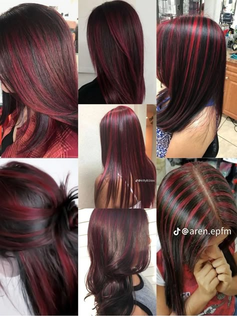 Colours To Dye Dark Brown Hair, Red N Brown Hair, Chunky Highlights Burgundy, Red Skunk Hair Brown, Hairdye Ideas Long Hair, Chunk Red Highlights, How To Do Red Highlights At Home, 90s Skunk Hair, Short Black Hair With Red Underneath