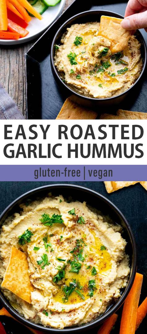 This easy roasted garlic hummus recipe never fails to win rave reviews. The roasted garlic and balance of lemon and creamy chickpeas is just perfect! It makes for the best snack or appetizer and is vegan and gluten-free. Roasted Garlic Hummus Recipe, Garlic Hummus Recipe, Hummus Snack, Best Hummus Recipe, Dip Healthy, Hummus Sandwich, Roasted Garlic Hummus, Hummus Recipe Homemade, Garlic Hummus