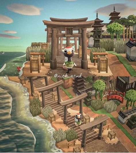 Acnh Japanese Village Ideas, Tokyo Themed Animal Crossing Island, Gardens Animal Crossing, Acnh Campsite Ideas Japanese, Japanese Themed Acnh Island, Acnh Kyoto Island, Animal Crossing Island Japanese, Acnh Bench Designs, Animal Crossing Japanese Campsite