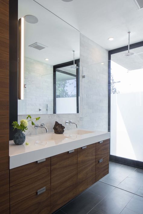 Sherbourne | Gold Award | Professional Builder Dark Floor Light Walls, Walnut Bathroom, Light Walls, Black Floor Tiles, Room Dark, Floor Light, Basement Bathroom, Trendy Bathroom, Bathroom Spa