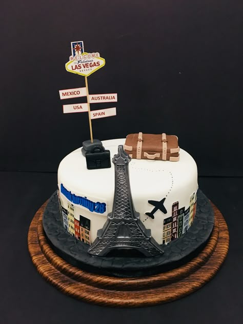 Travel Themed Cake# Paris# Eiffel Tower# Las Vegas# Signboard# Chocolate Cake Going Abroad Cake, Travel Cake Ideas, Travel Cake Ideas Birthdays, Travel Theme Cake, Bon Voyage Cake, Cake Travel, Bolo Paris, Suitcase Cake, Eiffel Tower Cake