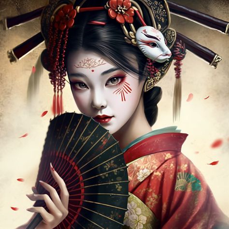 Geisha Artwork Japanese Art, Fan Face Paint, Geisha Mask, Geisha With Fan, Geisha Artwork, Geisha Art, Japanese Fan, Beauty Design, Beautiful Fantasy Art