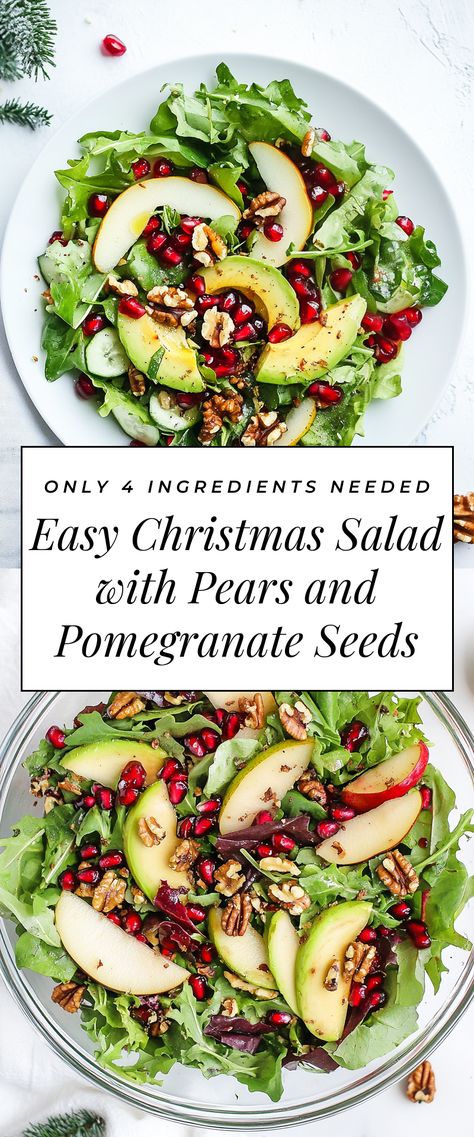 Image for Easy Christmas Salad with Pears and Pomegranate Seeds Strawberry Pomegranate Salad, Spinach Pomegranate Feta Salad, Christmas Salad With Pomegranate Seeds, New Years Salad Ideas, Fall Salad Pomegranate, Salad Pomegranate Seeds, Winter Salad With Pomegranate, Festive Salad Recipes, Pear Cranberry Salad