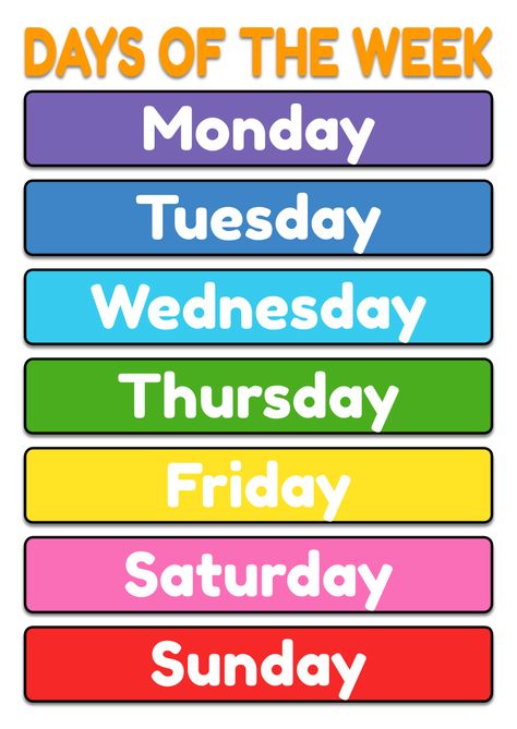 Let’s learn the names of the days in a week. A colorful rainbow 🌈 days of the week chart for wall or table display. Ecd Classroom Charts, Day Of The Week Themes, Days Name Worksheet, Week Names Chart, Days Of The Week Poster Classroom, Free Printable Days Of The Week Chart, Weekdays Chart For Preschool, Week Days Chart For Kids, Days Of The Week Free Printables