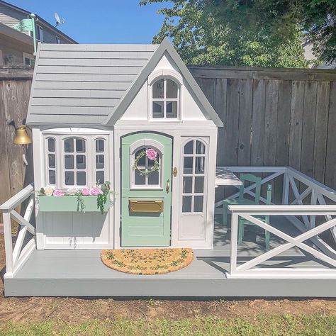 Country Vista Playhouse Makeover, Costco Playhouse Makeover, Wooden Playhouse Makeover, Costco Playhouse, Outside Playhouse, Playhouse Makeover, Backyard Playset, Girls Playhouse, Kids Backyard