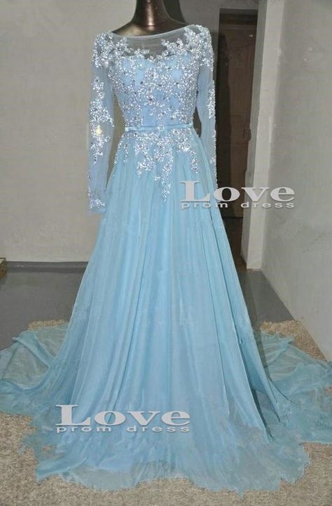 Custom Made Light Blue longsleeved Sequined by LovePromDress Chiffon Party Dress, Evening Dress Long, Prom Dresses 2018, Long Sleeve Prom, Long Prom Gowns, A Line Prom Dresses, فستان سهرة, Maxi Robes, Applique Dress