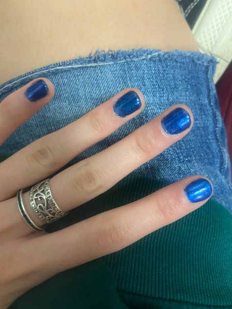 Cool Nail Polish Ideas, Simple Nail Aesthetic, Blue Painted Nails Short, Nail Polish Ideas Short Nails, Blue Nail Polish Aesthetic, Blue Nails Aesthetic Short, Blue Shimmery Nails, Cerulean Blue Nails, Short Painted Nails Simple