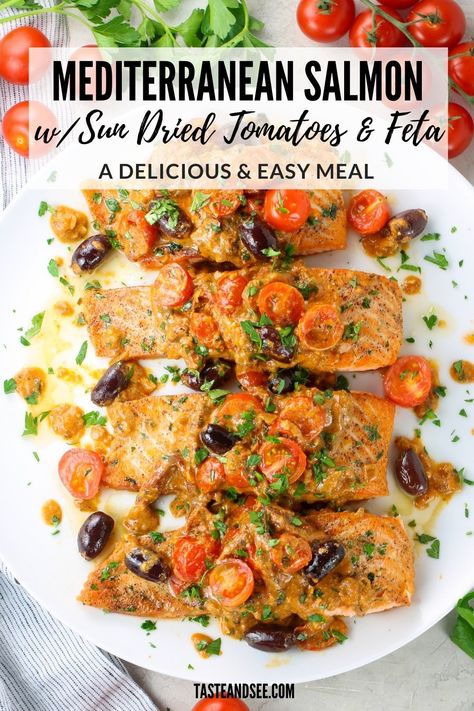 Feta Cheese Sauce, Pescatarian Lifestyle, Mediterranean Grilled Chicken, Tomatoes And Feta, Mediterranean Salmon, Mediterranean Diet Recipes Dinners, Easy Mediterranean Diet Recipes, Salmon And Asparagus, Salmon Dinner