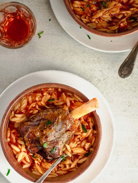 A traditional Greek baked pasta dish, with lamb, orzo and tomato sauce. So yummy, that you'll want to make over and over again! Greek Giouvetsi, Lamb Orzo, Greek Meals, Greek Board, Greek Goodness, Greek Moussaka, Salad Appetizer Cups, Baked Pasta Dishes, Greek Lamb