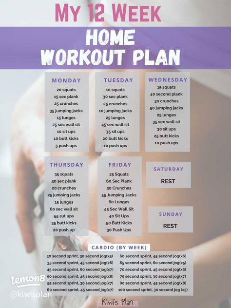 My 12 Week Home Workout Plan With Cardio | Gallery posted by Kiwi’s Plan | Lemon8 Week Home Workout Plan, Workout Plan Home, 8 Week Workout Plan, Week Workout Plan, 12 Week Workout Plan, Weekly Workout Routines, 12 Week Workout, Home Workout Plan, Week Workout