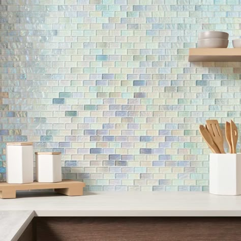 Splash Glacier White 1x2 Polished Glass Mosaic Tile Decor House Ideas, Iridescent Tile, Nashville House, Beachy Stuff, Kitchen Reno Ideas, Cottage Renovation, Glass Brick, Ivy Hill Tile, Flooring Tiles