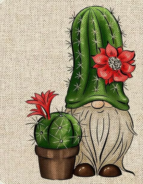 Flower Stencil Patterns, Gnome Wallpaper, Paintings To Paint, Cactus Paintings, Gnome Paint, Gnome Art, Cactus Drawing, Gnome Pictures, Cute Christmas Wallpaper