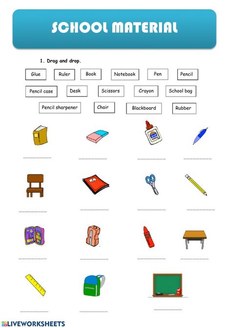 School material - Ficha interactiva School Things Worksheet For Kids, School Things Worksheet, Materials Worksheet, English Primary School, Early Intervention Speech Therapy, English Grammar Exercises, Kindergarten Phonics Worksheets, School Suplies, School Material