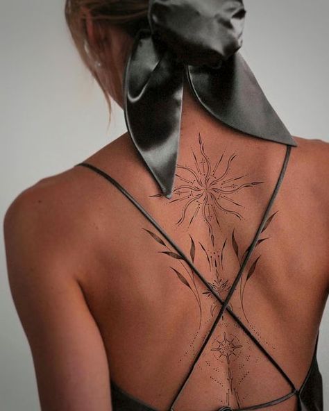 Back Fine Line Tattoo, Women’s Tattoo Back, Back Tattoo Fine Line, Back Line Tattoo, Tatoos Back, Back Floral Tattoo, Fineline Back Tattoo, Timeline Tattoo, Scattered Back Tattoos